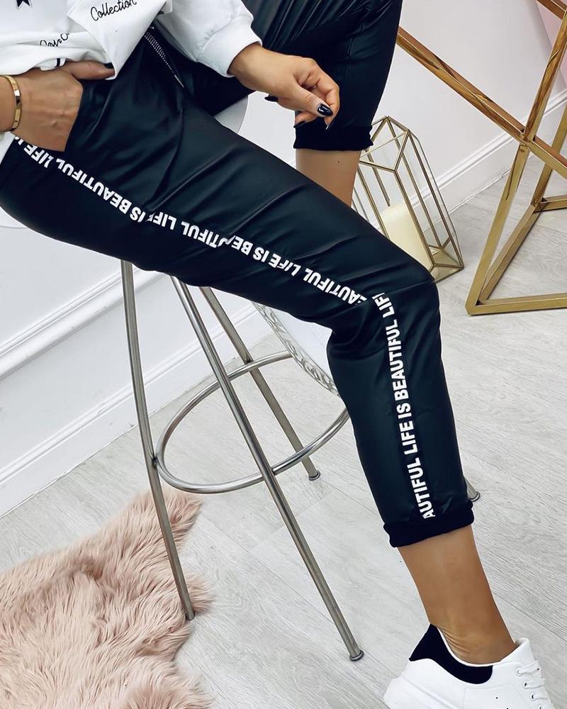

Letter Print Drawstring Pocket Design Pants, Black