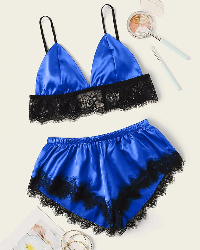 

Eyelash Lace Satin Cami Set, Blue