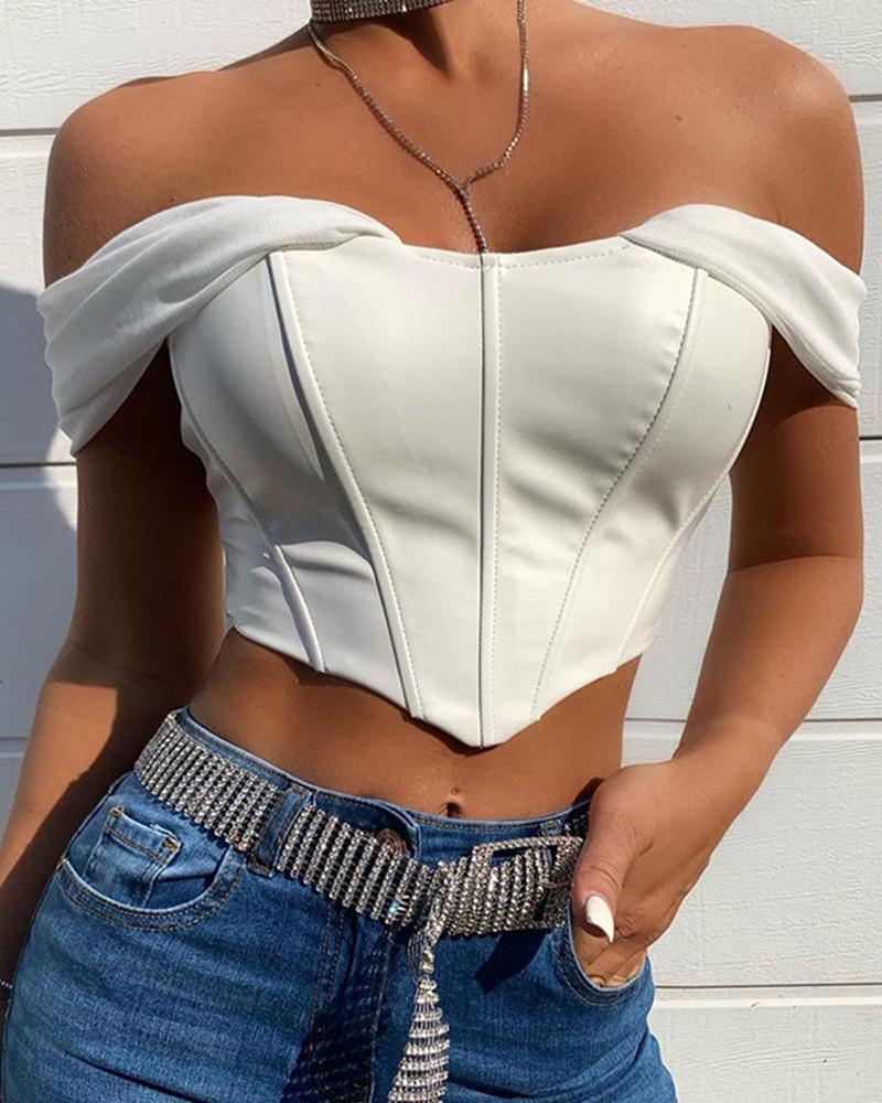 

Solid Color PU Splicing Mesh Sleeve Crop Top, White