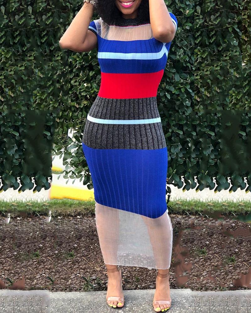 

Contrast Color Striped Mesh Insert Dress, Multicolor