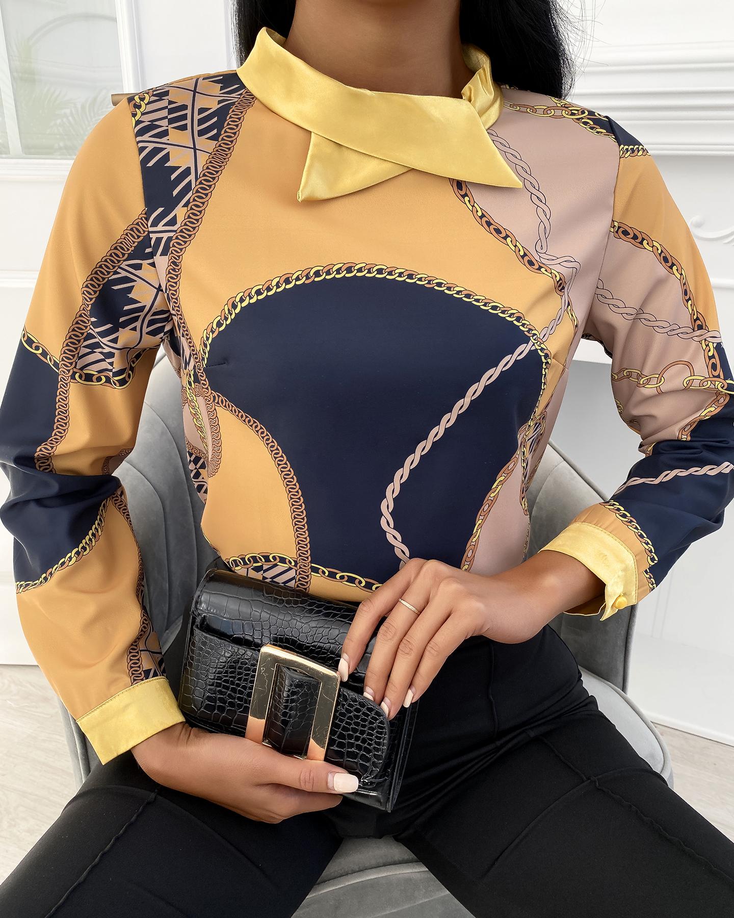 

Scarf Chain Print Asymmetrical Neck Top, Yellow