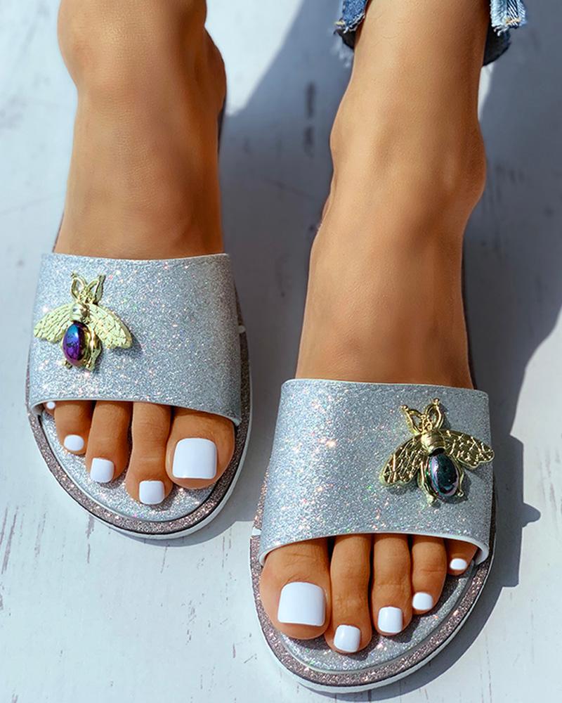 

Animal Pattern Glitter Flat Sandals, Silver