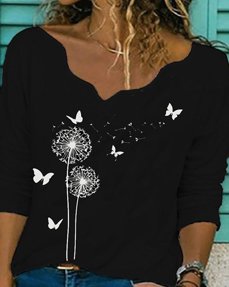 

Graphic / Floral / Butterfly / Flag Print Long Sleeve Top, Style4