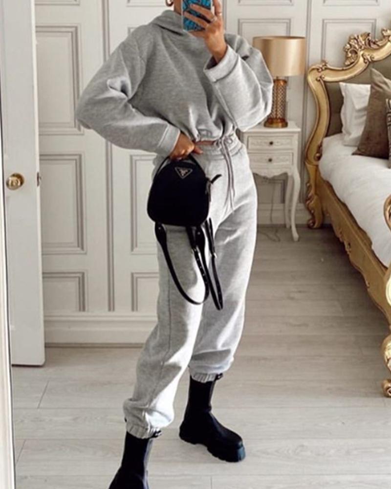 

Plain Drawstring Hooded Crop Top & Pocket Design Pants Set, Gray