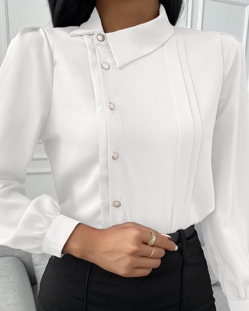 

Button Design Long Sleeve Plain Shirt, White