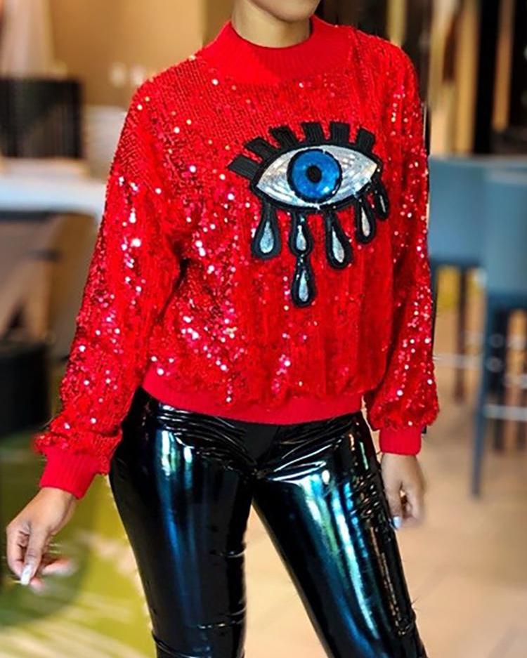 

Eye Pattern Sequin Long Sleeve Sweatshirt, Red