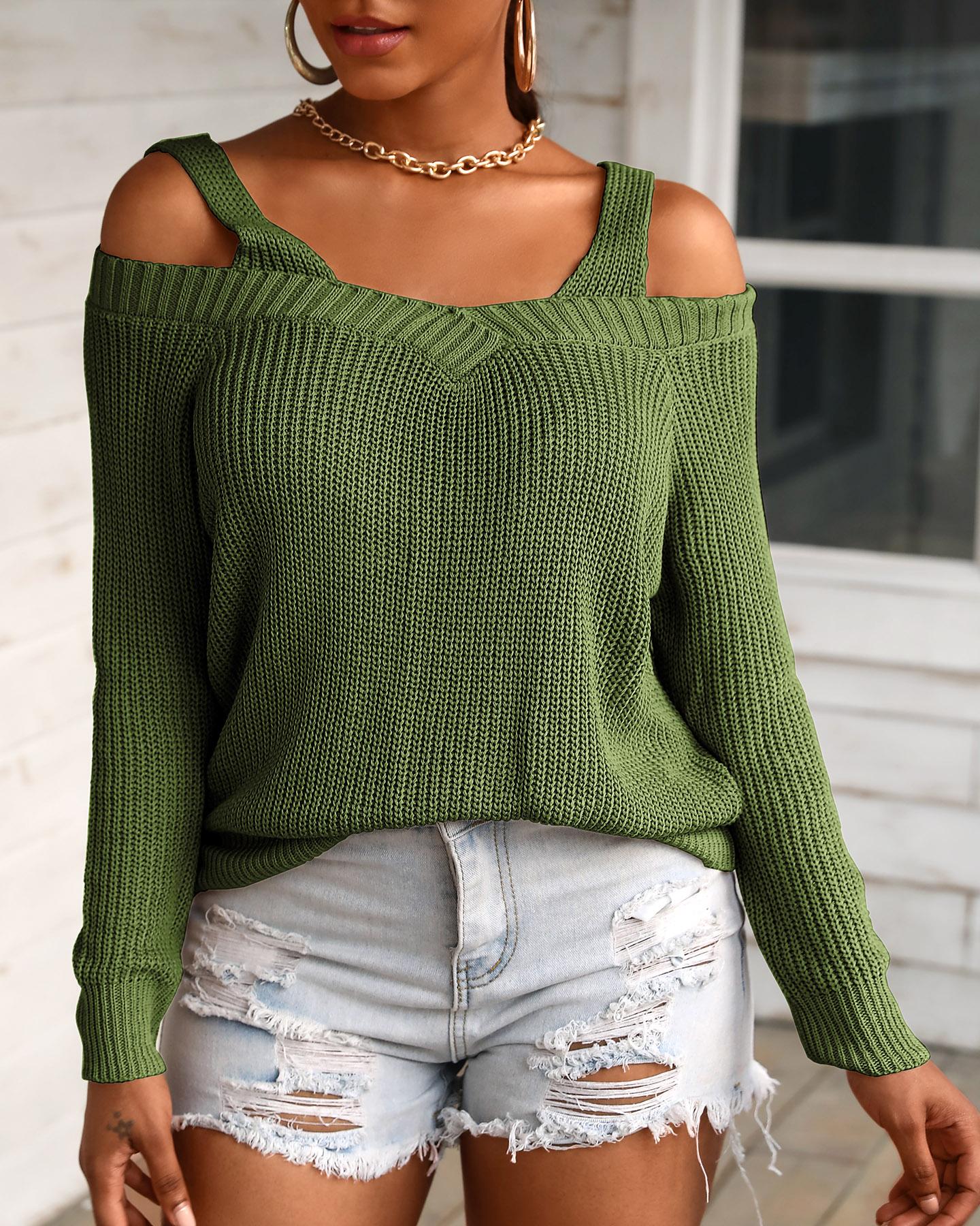 

Plain Long Sleeve Cold Shoulder Sweater, Green