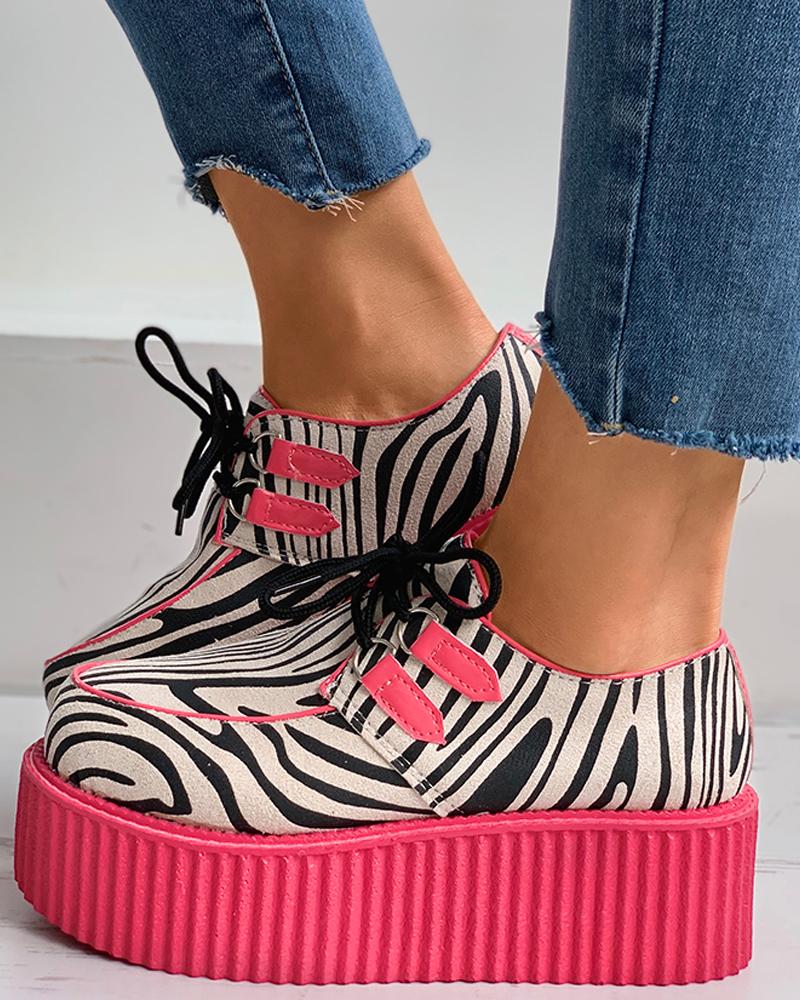 

Plain / Cheetah / Zebra Eyelet Lace-up Muffin Shoes, Hot pink