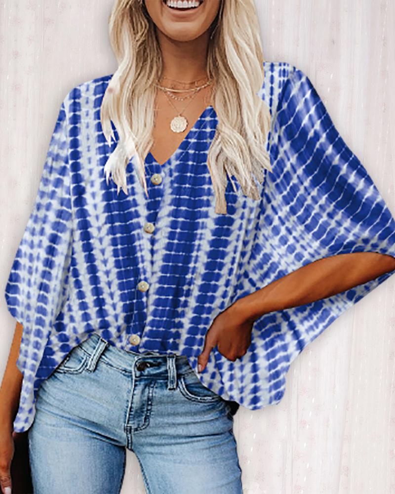 

Button Design Tie Dye Print Women Top, Blue