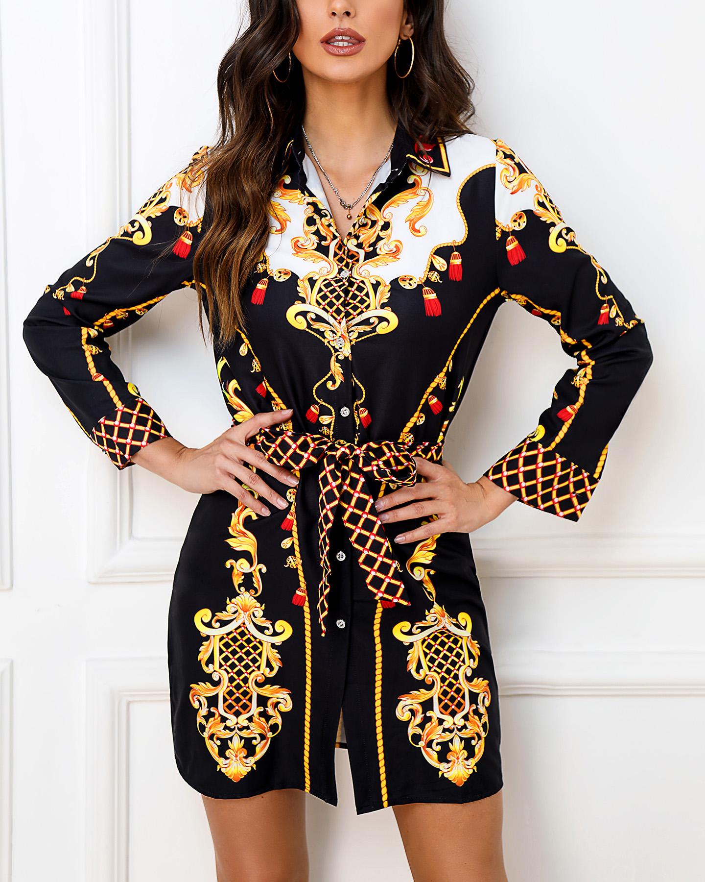 

Baroque Print Mini Shirt Dress, Yellow