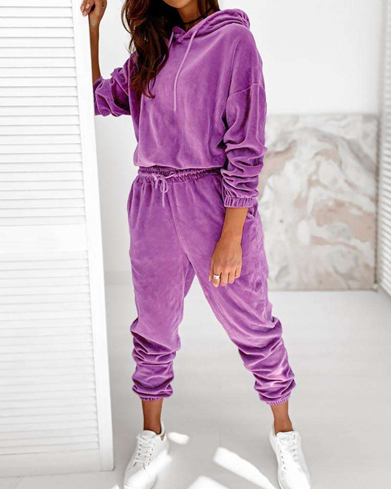 

Plain Long Sleeve Hooded Top & Drawstring Pants Set, Purple