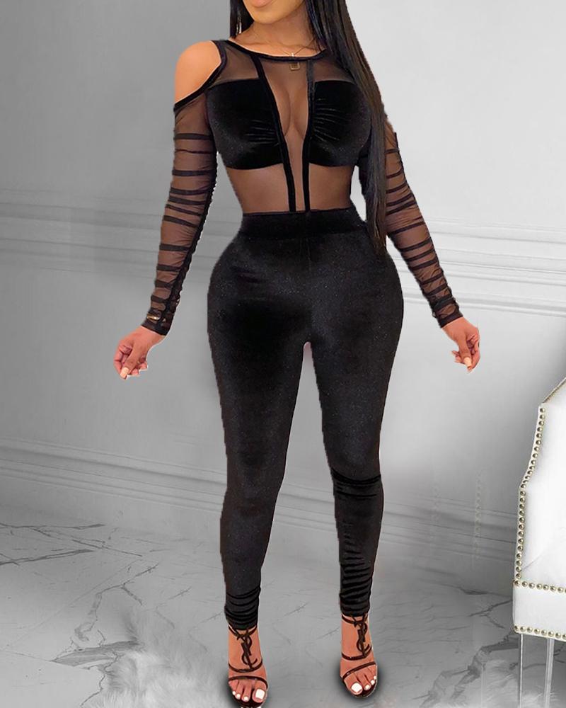 

Cold Shoulder Sheer Mesh Velvet Jumpsuit, Black