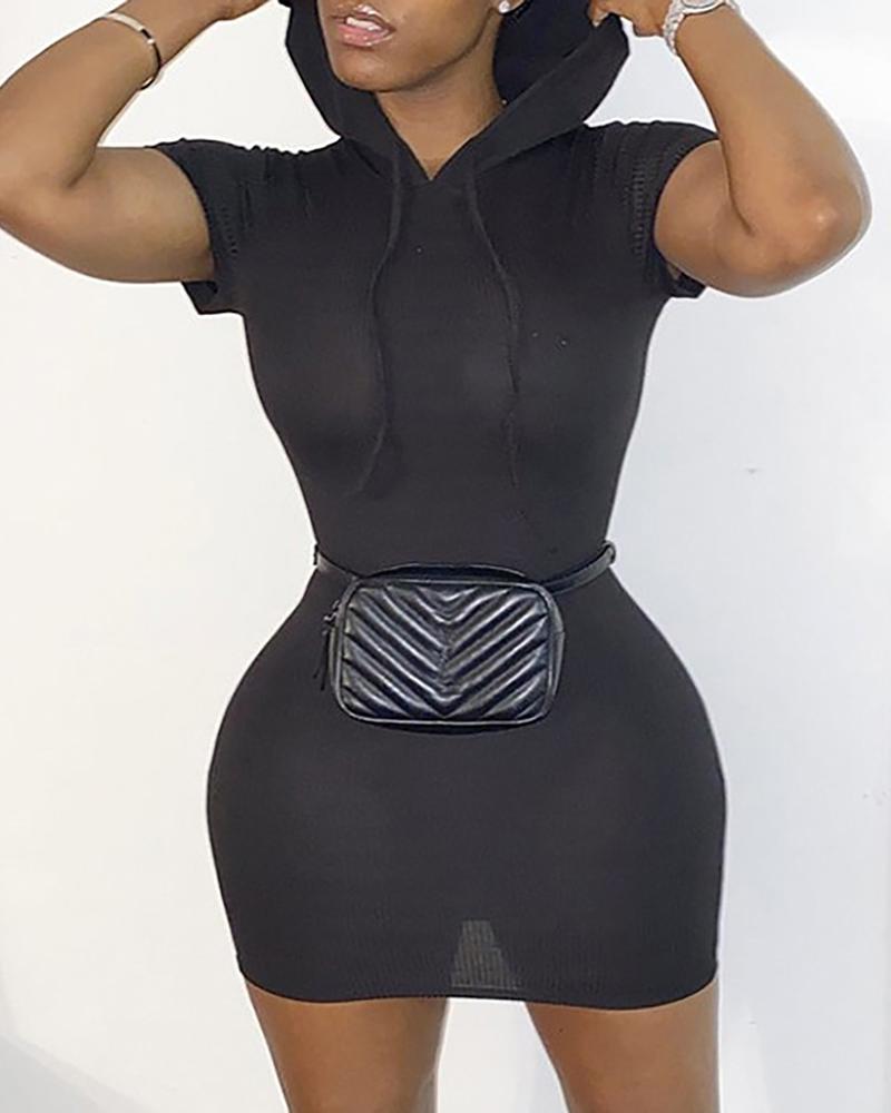 

Hooded Short Sleeve Ribbed Bodycon Dress, Black