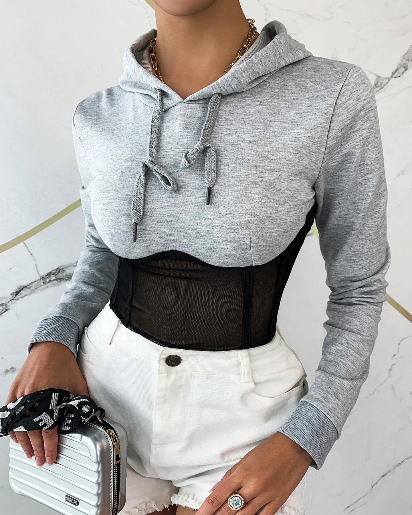 

Sheer Mesh Long Sleeve Hooded Top, Gray