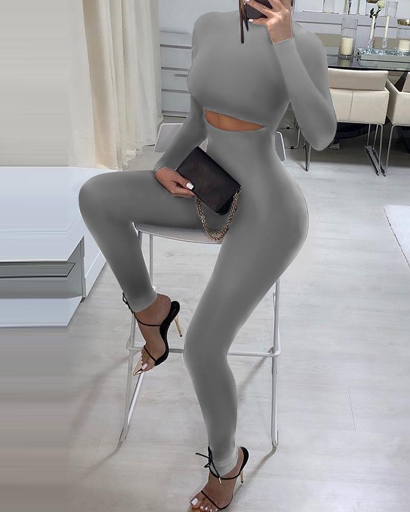 

Long Sleeve Cutout Skinny Jumpsuit, Gray