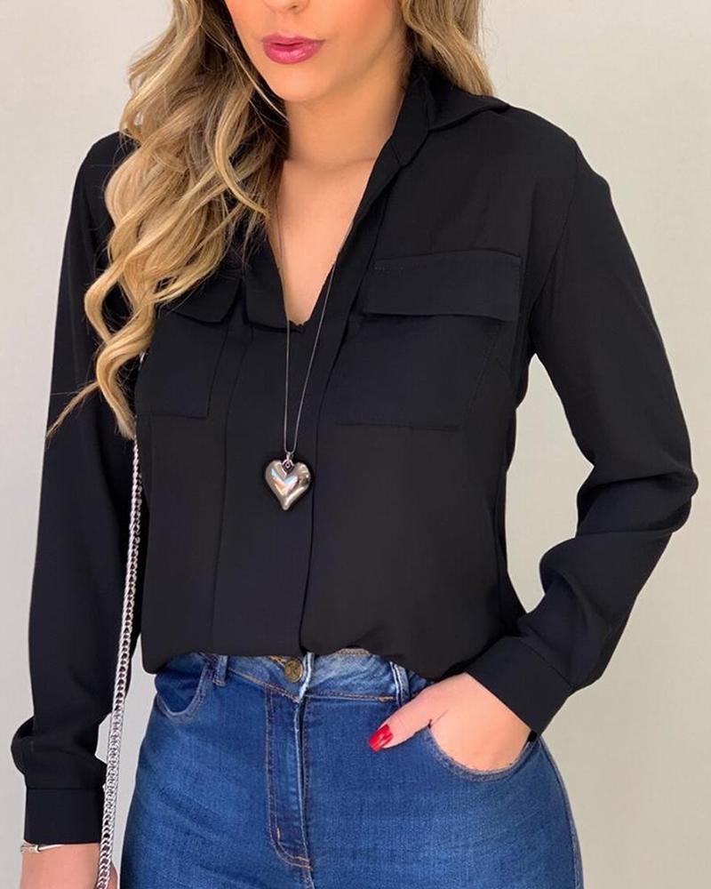 

Solid Dual Pocket Casual Blouse, Black