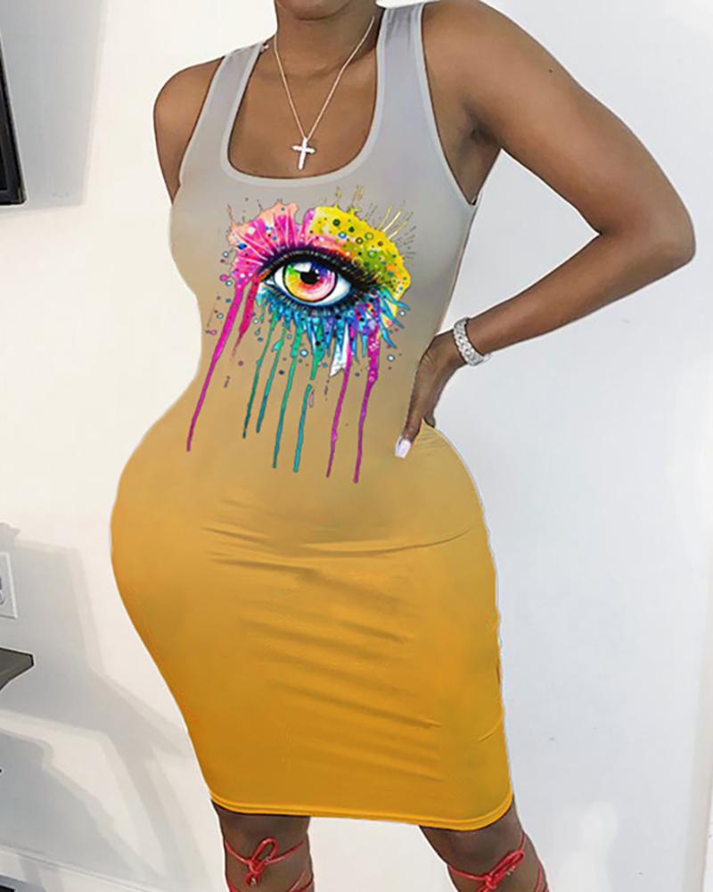 

Eyes Print Thick Strap Bodycon Dress, Yellow