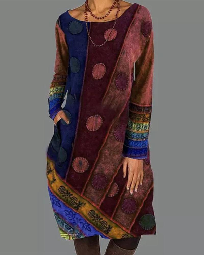 

Plus Size Colorblock Pocket Design Long Sleeve Dress, Brown