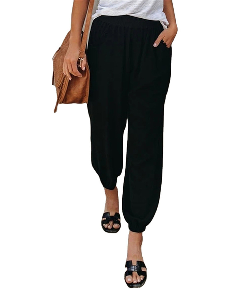 

Pocket Design High Waisted Cuffed Csual Pants, Black