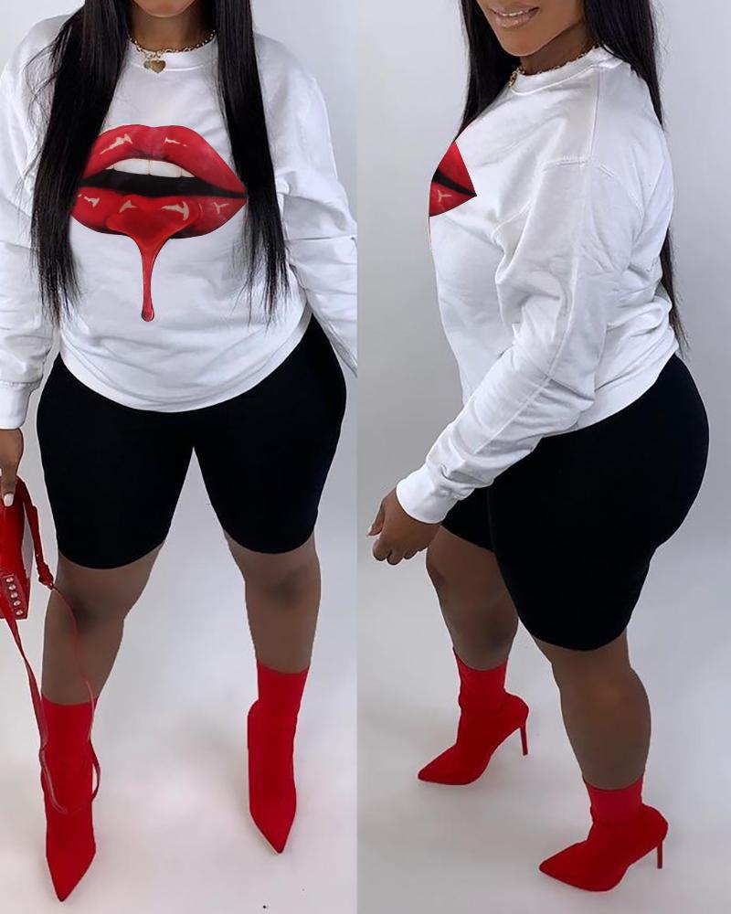 

Lip Print Long Sleeve Top & Skinny Shorts Set, White