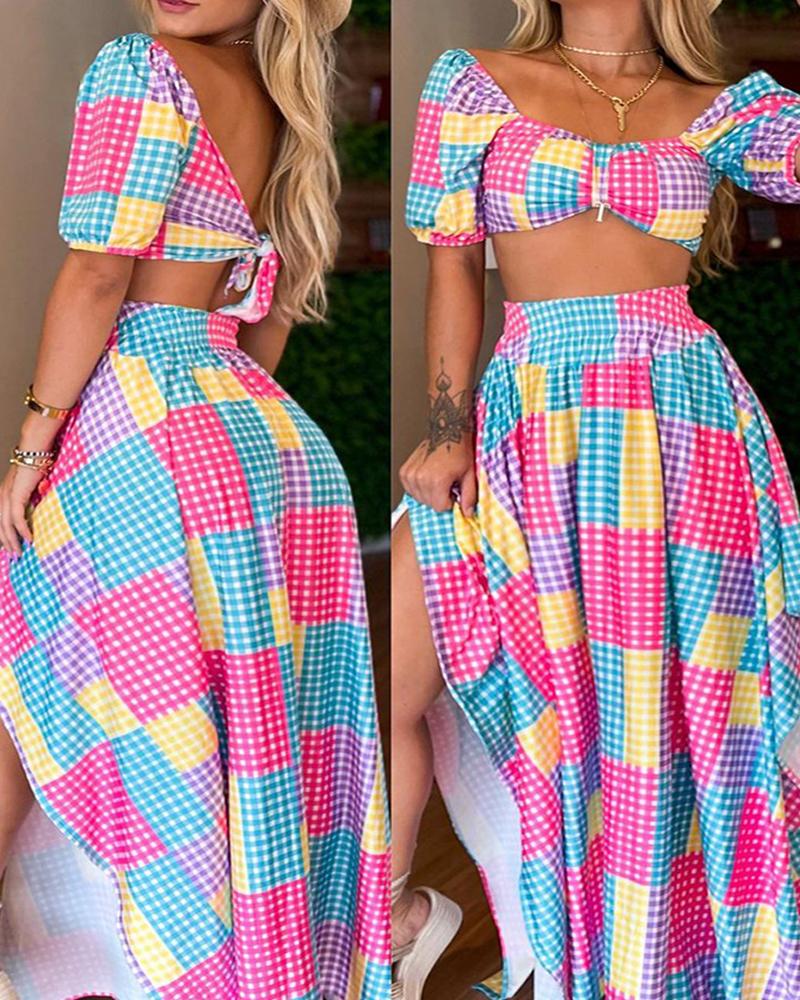 

Colorful Plaid Print Puffed Sleeve Crop Top & Skirt Set, Multicolor