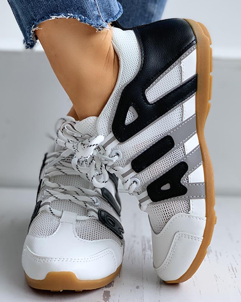 

Letter Pattern Colorblok Lace-Up Sneakers, Black