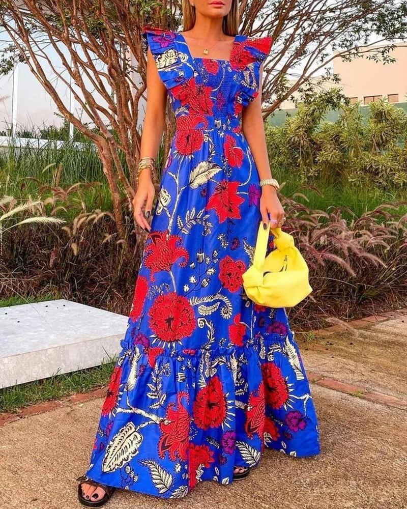 

Floral Print Square Neck Short Sleeve Maxi Dress, Blue