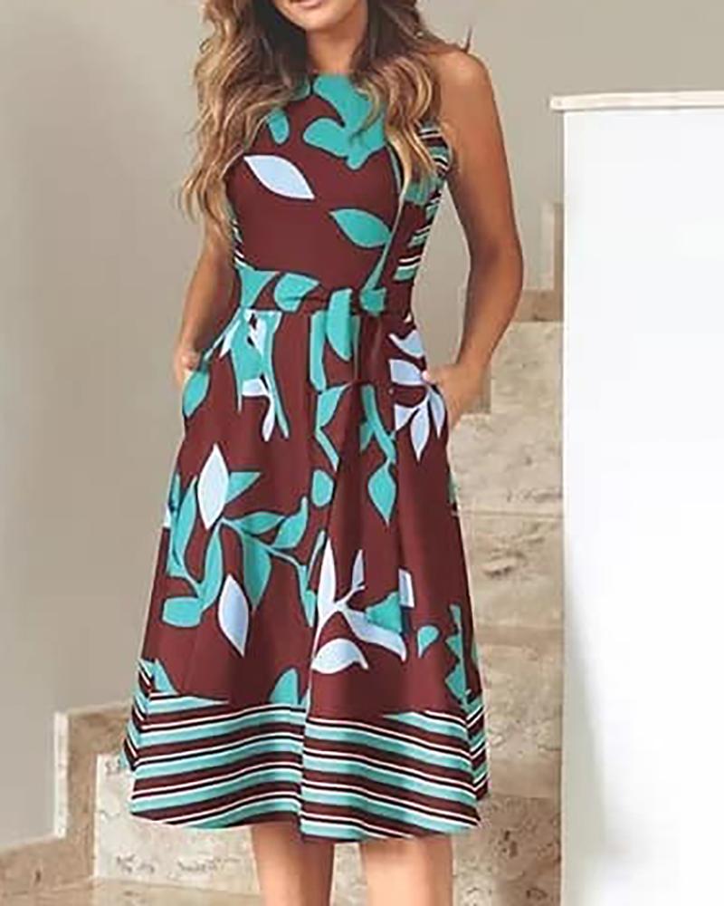 

Striped Leaf Print Pocket Design Casual Dress, Brown