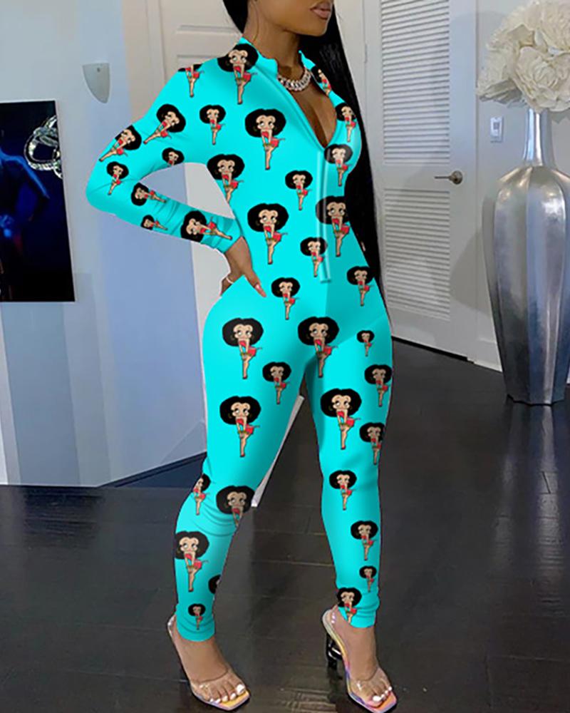 

Print Long Sleeve Zipper Design Jumpsuit, Blue