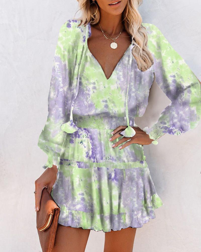 

Tie Dye Print Skinny Waist Long Sleeve Mini Dress, Purple