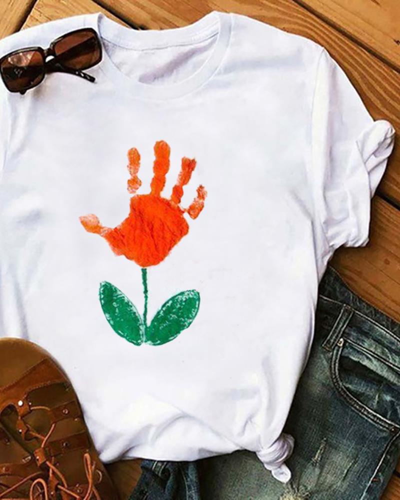 

Mother' Day Gift Floral Print Short Sleeve Casual T-Shirt, White