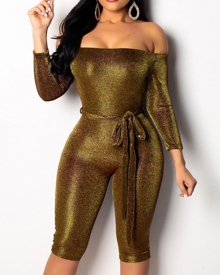 

Glittering Off Shoulder Belted Romper, Gold
