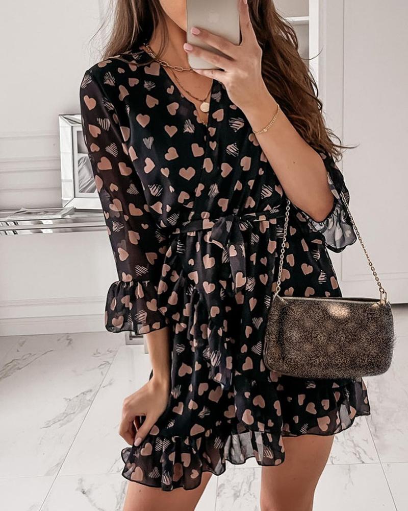 

Heart Print Frill Hem Surplice Front Dress, Coffee