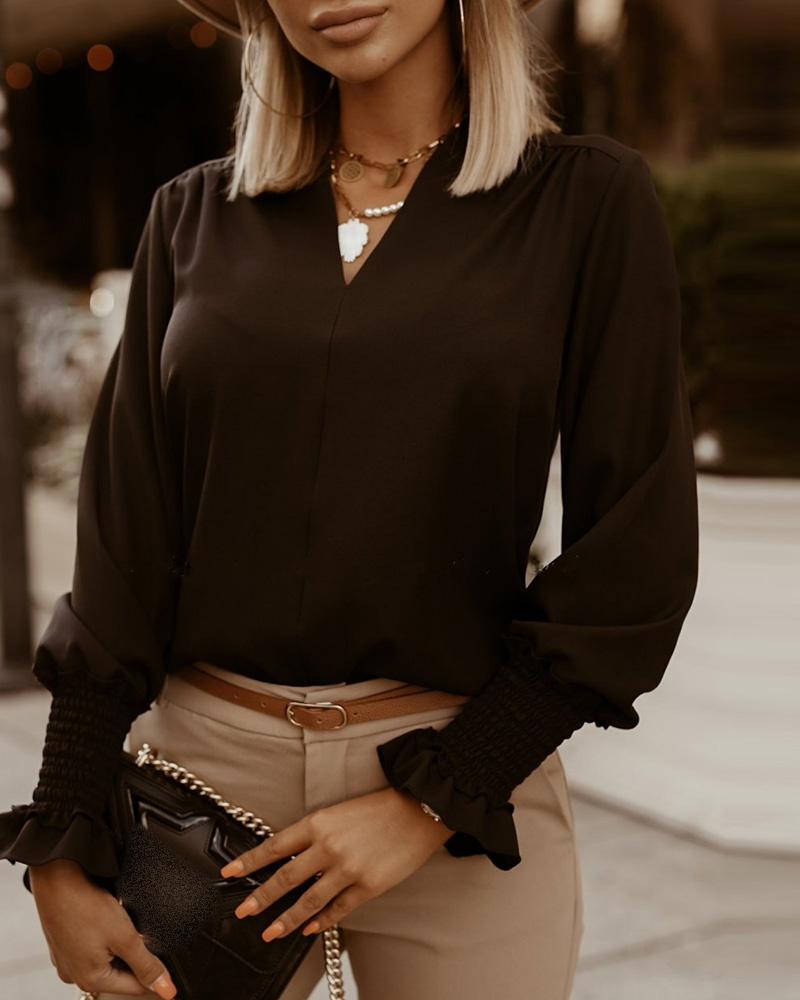 

Solid Lantern Sleeve Ruched Casual Blouse, Black