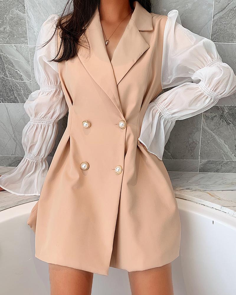 

Puff Sleeve Sheer Mesh Buttoned Blazer Dress, Khaki