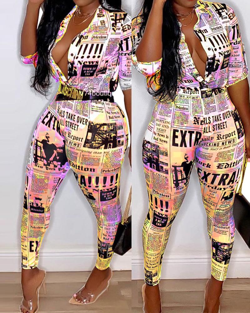 

Newspaper Print Button Design Shirt & Fitted Pants Set, Yellow