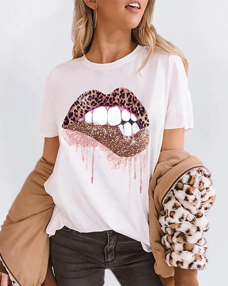 

Leopard Lip Print Studded T-shirt, White