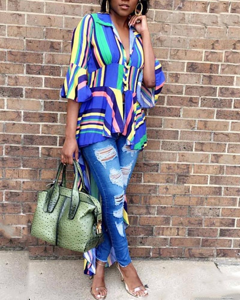 

Colorful Striped Ruffles Dip Hem Blouse, Multicolor
