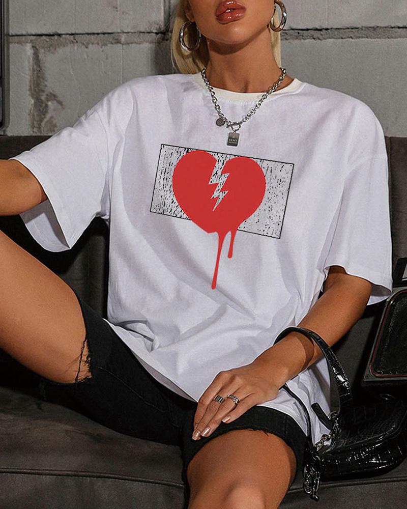 

Heart Print Short Sleeve Loose T-shirts, White
