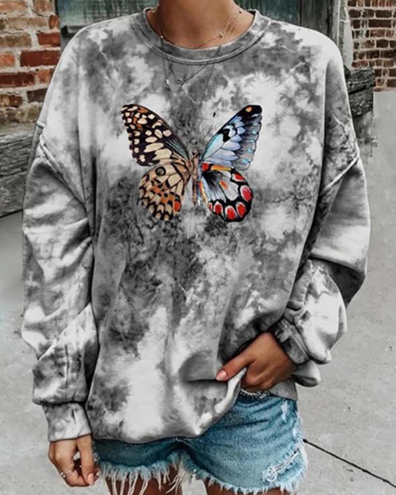 

Butterfly Print Tie Dye Long Sleeve Sweatshirts, Gray