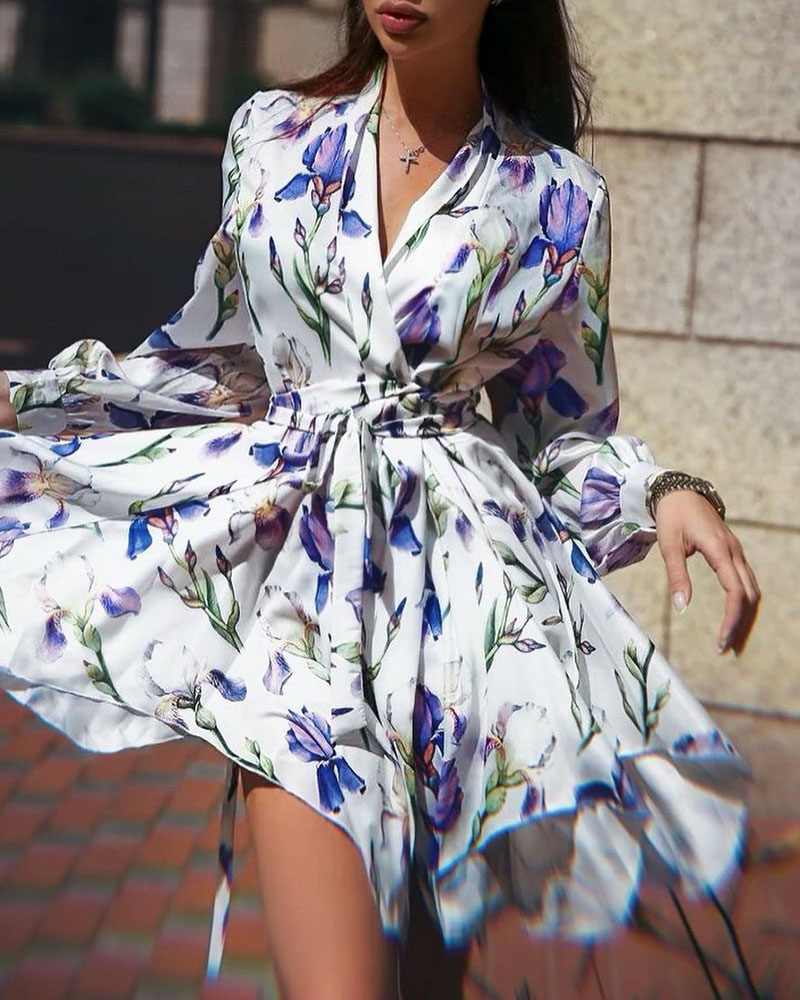

Floral Print Lantern Sleeve Casual Shirt Dress, White
