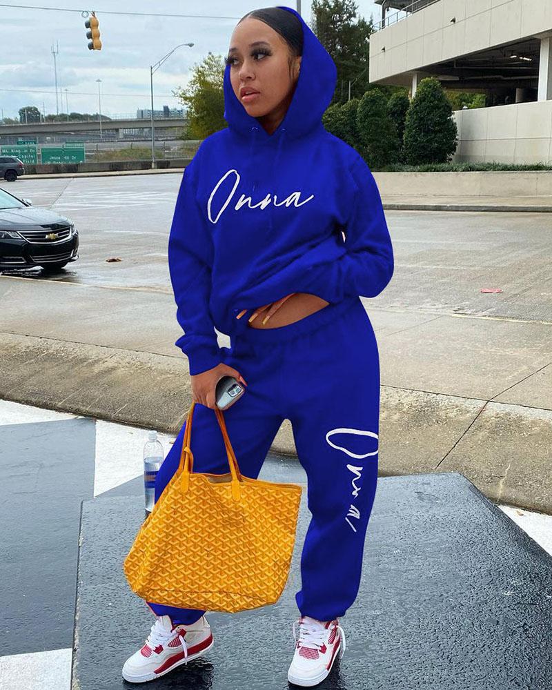 

Letter Print Hooded Top & Pants Set, Blue