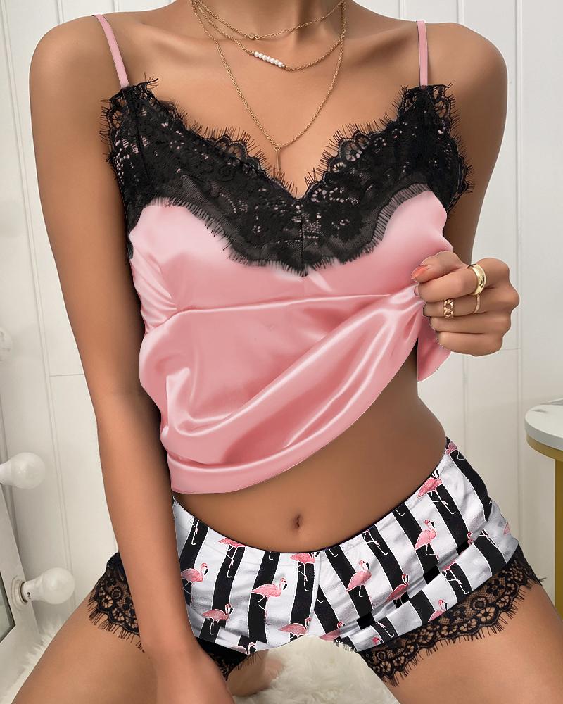 

Flamingo Print Contrast Lace Cami Set, Pink