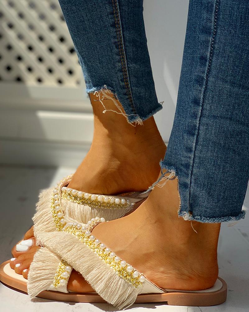 

Beaded Tassel Design Casual Sandals, Beige