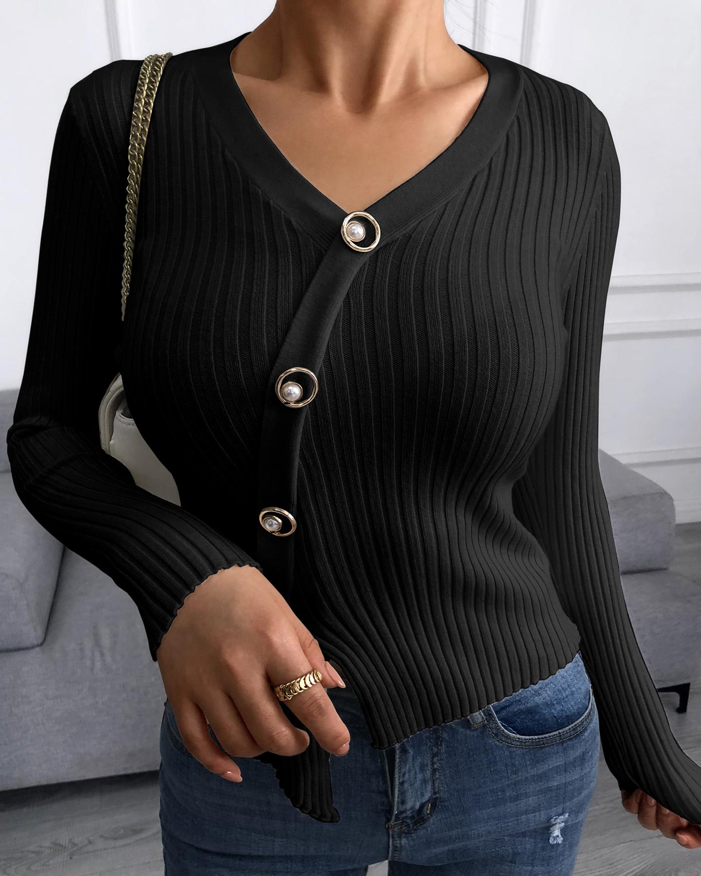 

Rib Knit Long Sleeve Plain Cardigan, Black