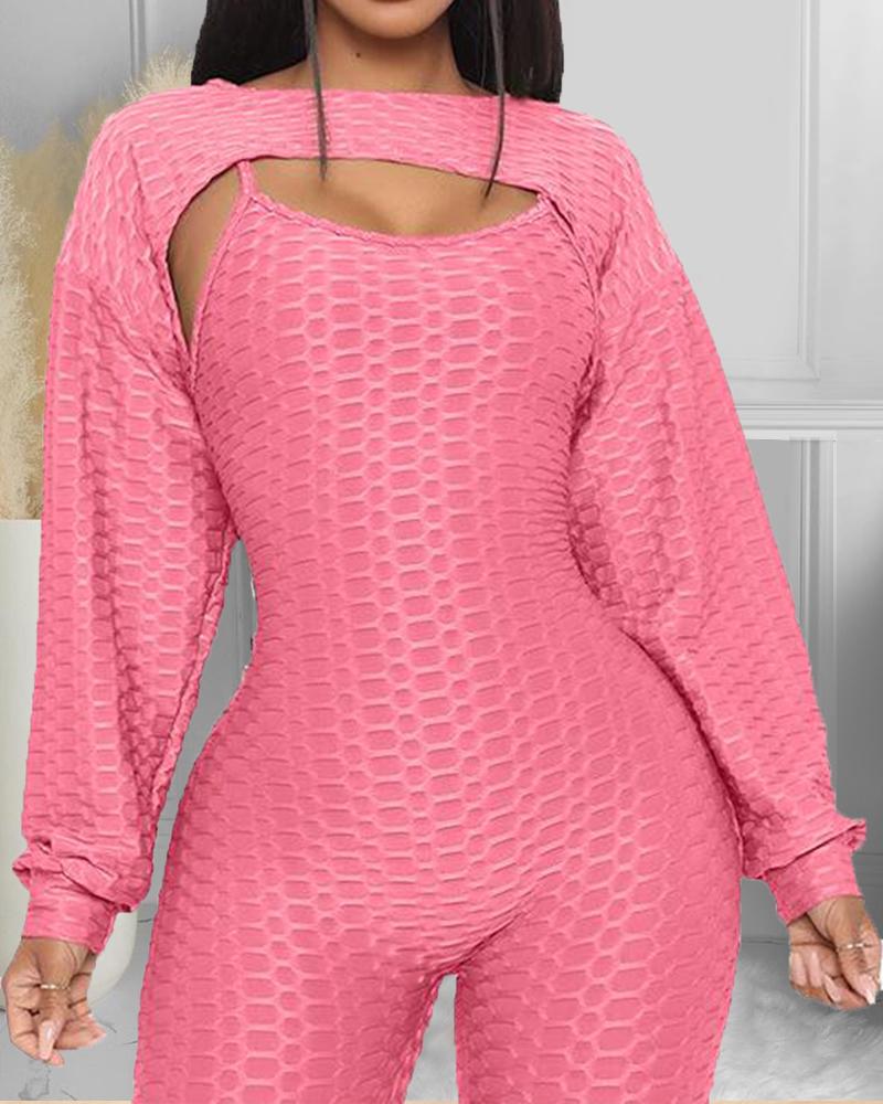

Textured Lantern Sleeve Top & Spaghetti Strap Jumpsuit Set, Hot pink