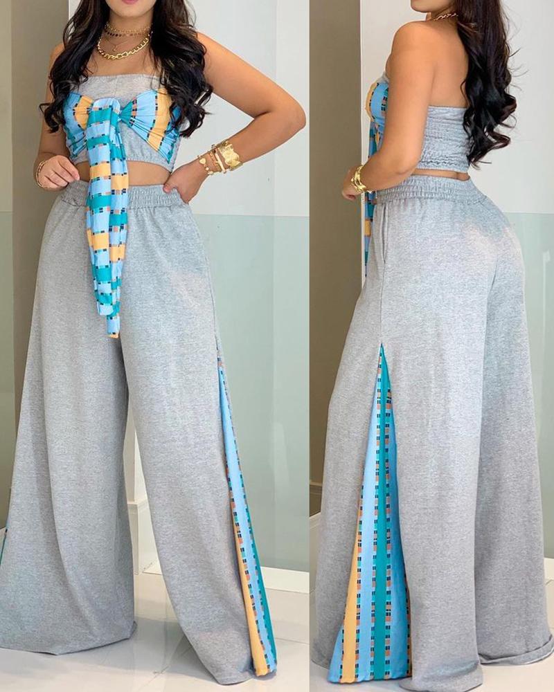 

Colorblock Knotted Shirred Bandeau Top & Wide Leg Slit Pants Set, Blue