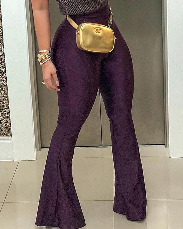 

High Waist Solid Flared Pants, Dark purple