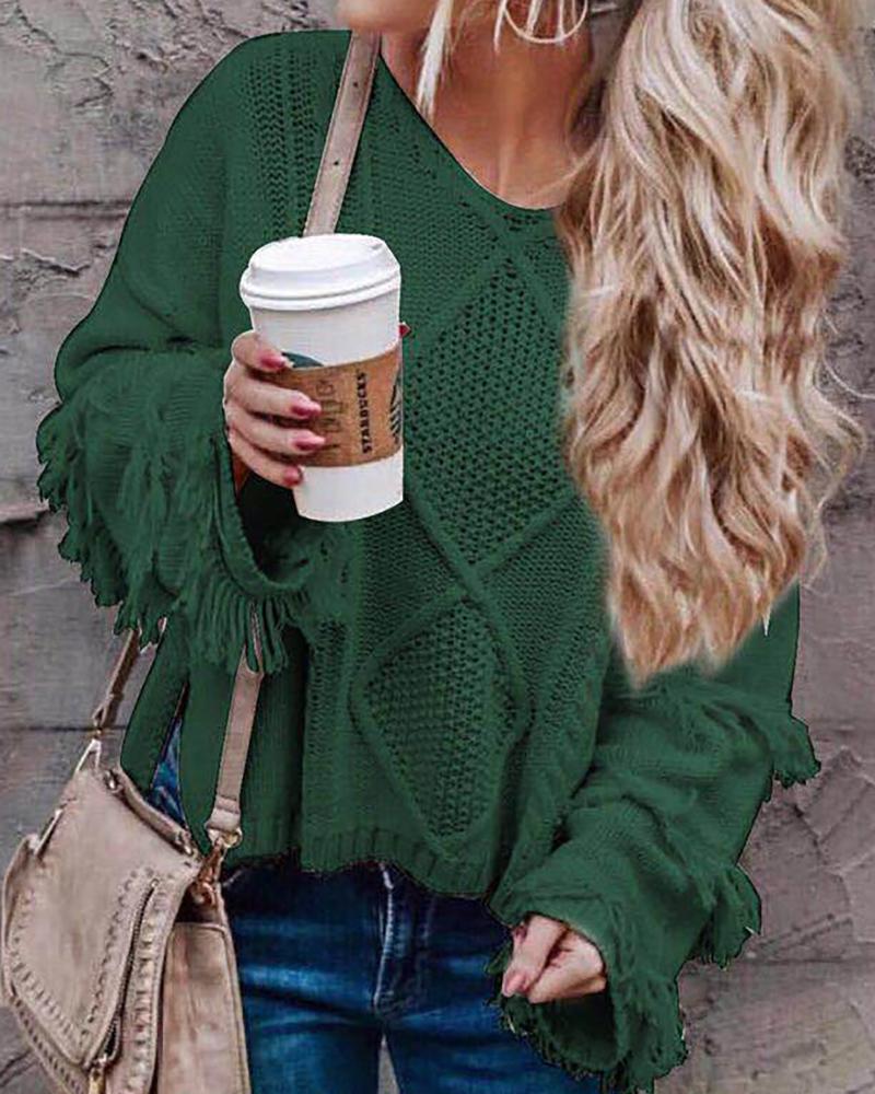 

Plain Tassel Design Long Sleeve Knit Sweater, Green