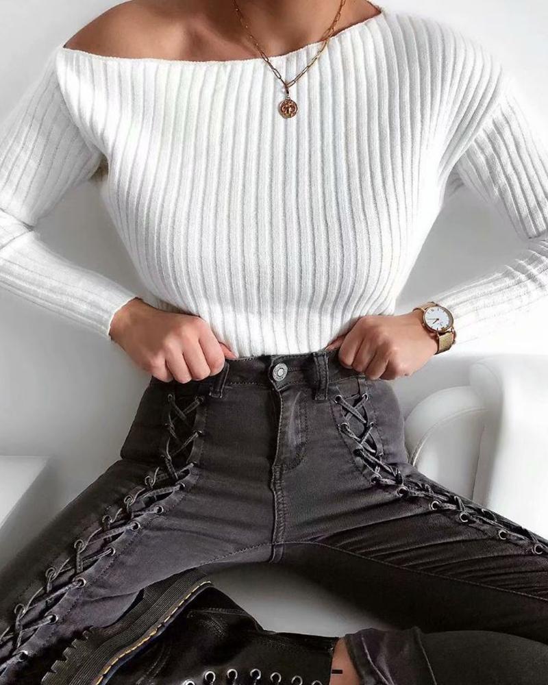 

Plain Long Sleeve Kintted Sweater, White